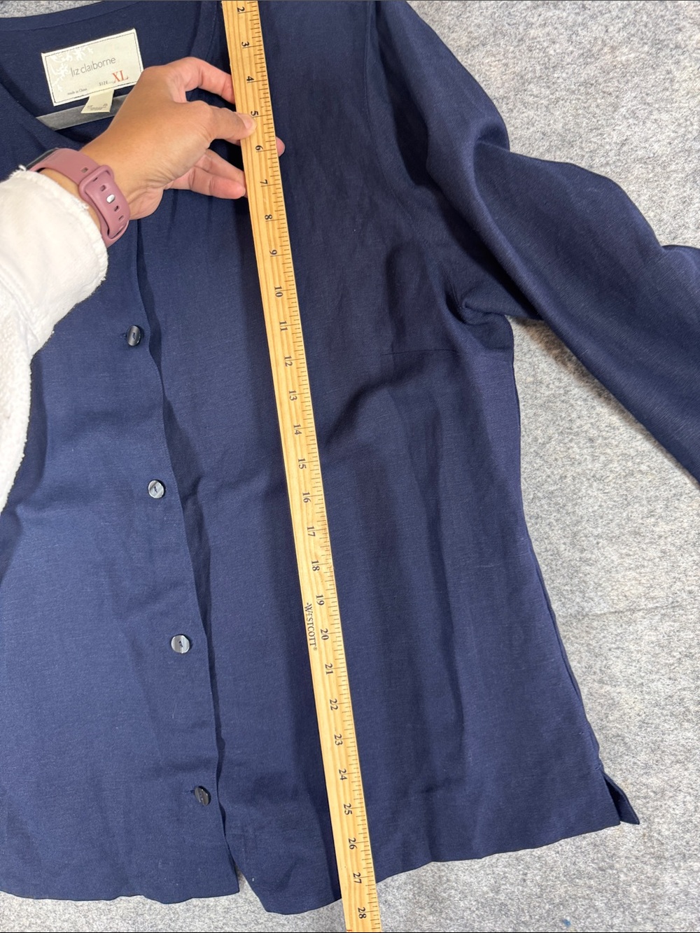 Liz Claiborne Navy Linen Blend Button Front  Top XL Minimalist Career Lagenlook - Picture 6 of 11